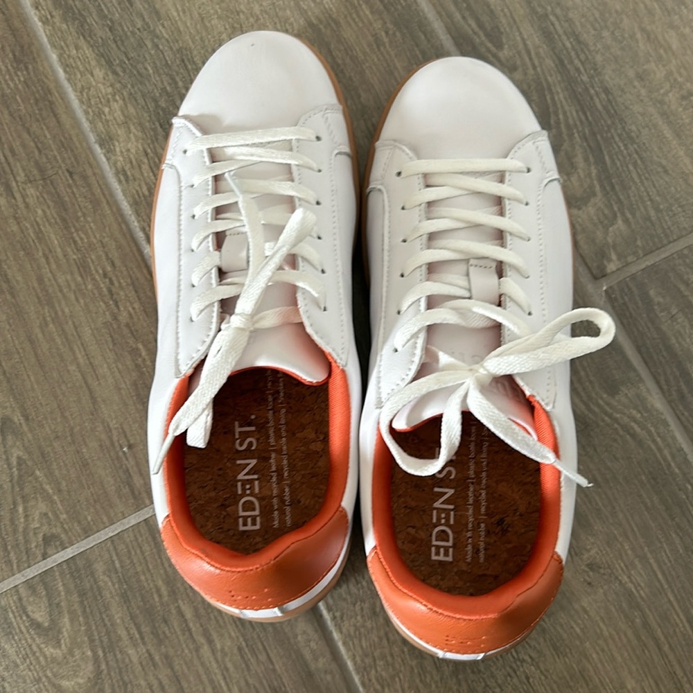 White, Orange and tan sneakers; worn twice; eco friendly recycled shoes; size 8